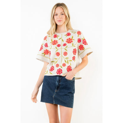 Short Sleeve Floral Embroidery Detail Top - Beige