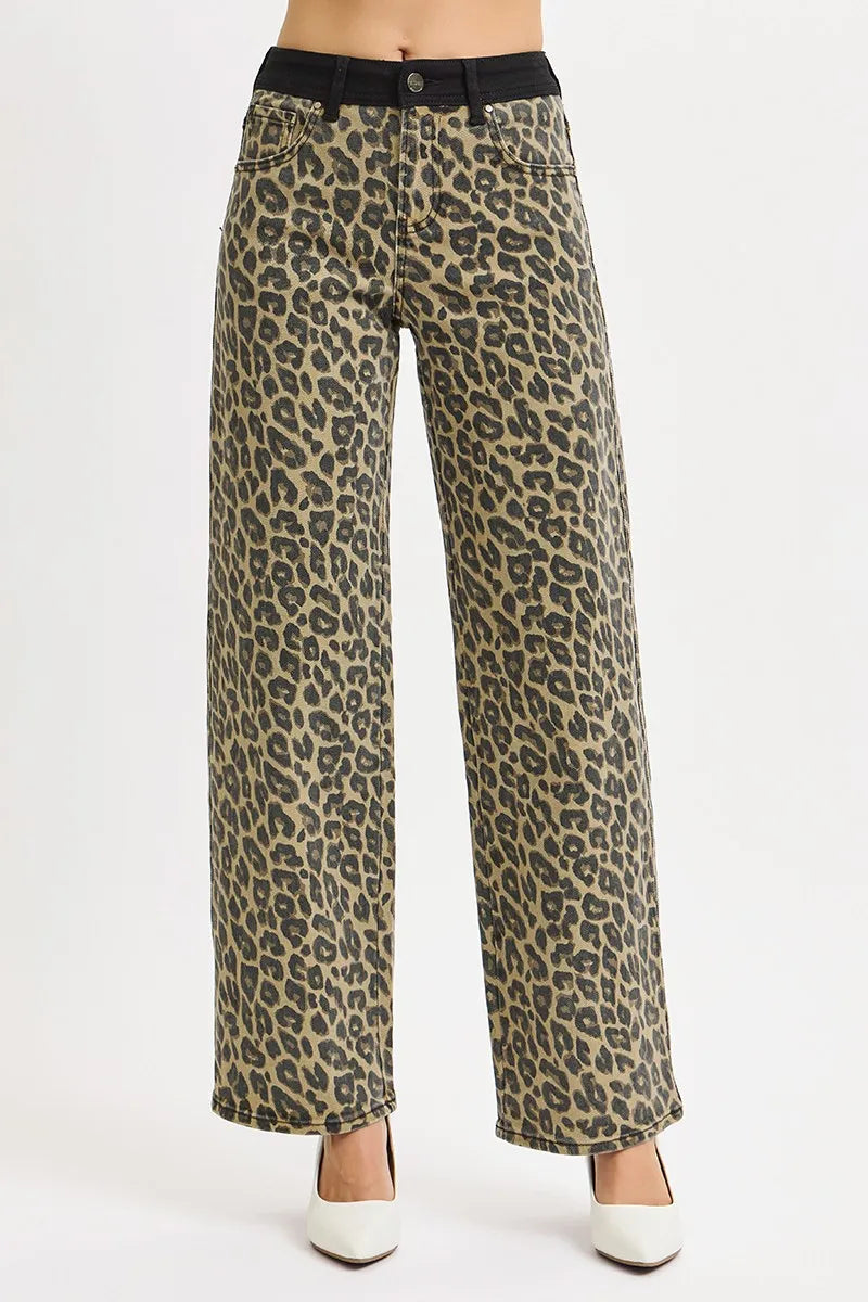 High Rise Wide Leg Leopard Printed Contrast WB Detail Pants - Coffee