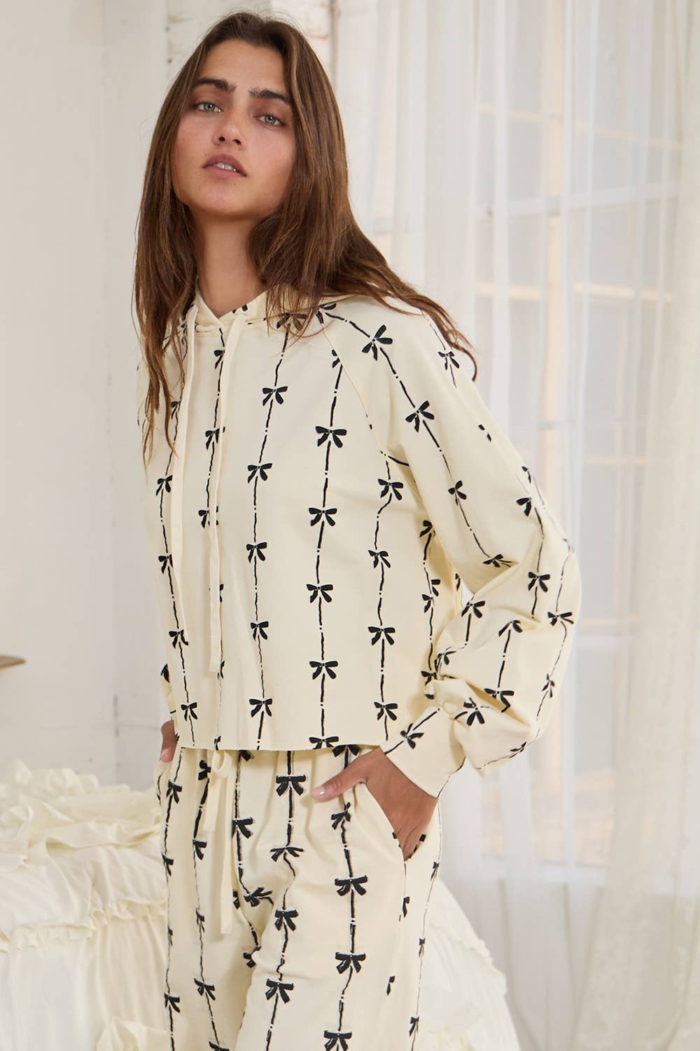 Bow Print Terry Drawstring Pants and Cropped Pullover Hoodie Set