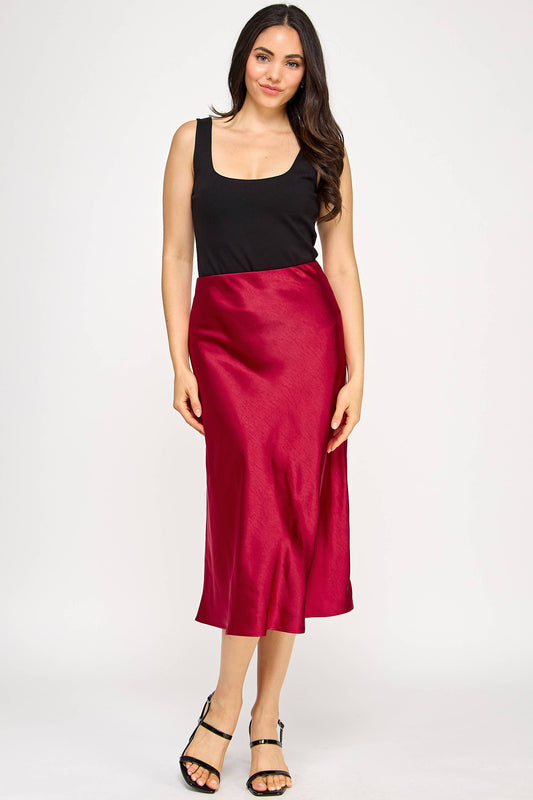 Satin Midi Skirt - BB Wine - BAY WINDOW