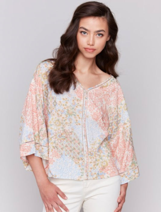 Printed 3/4 Wide Sleeves Blouse with Ladder Stitch Detail - Flowers - BAY WINDOW