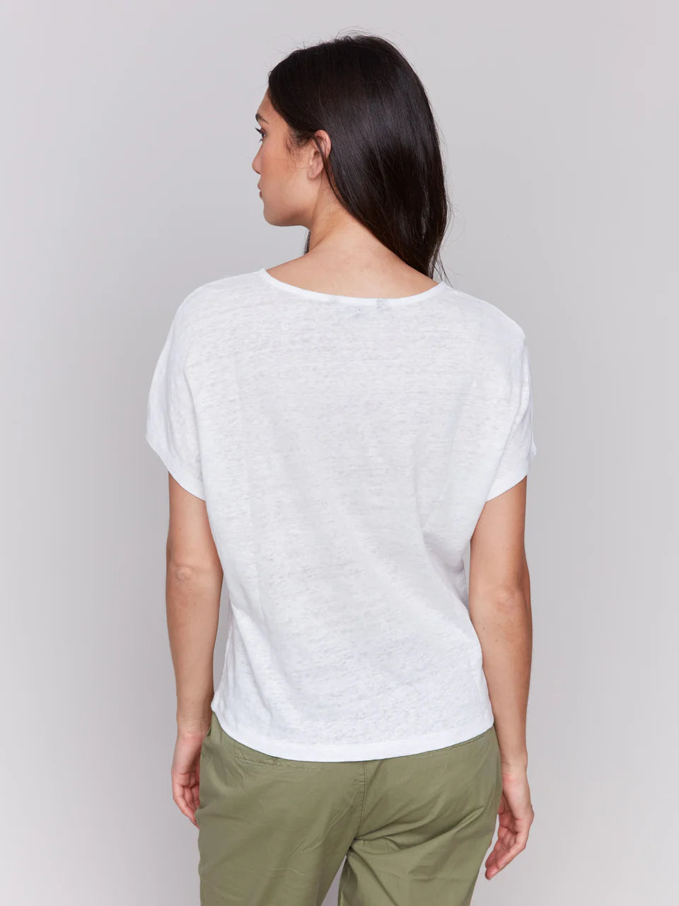 Split Neck Dolman Short Sleeve Top with Embroidery - White - BAY WINDOW