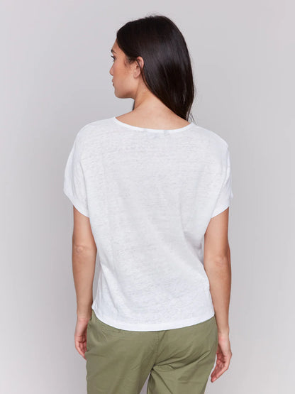 Split Neck Dolman Short Sleeve Top with Embroidery - White - BAY WINDOW