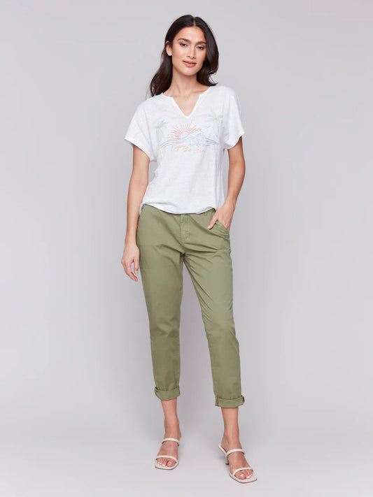 Split Neck Dolman Short Sleeve Top with Embroidery - White - BAY WINDOW