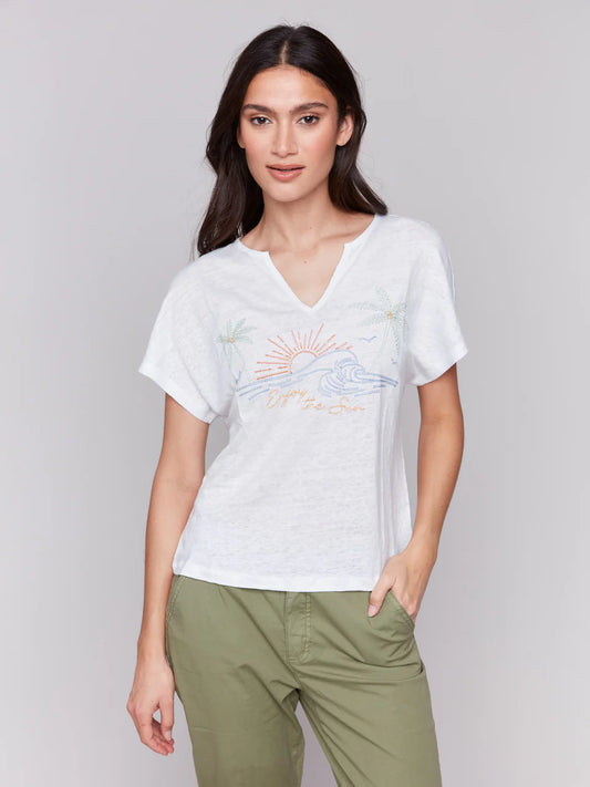 Split Neck Dolman Short Sleeve Top with Embroidery - White - BAY WINDOW