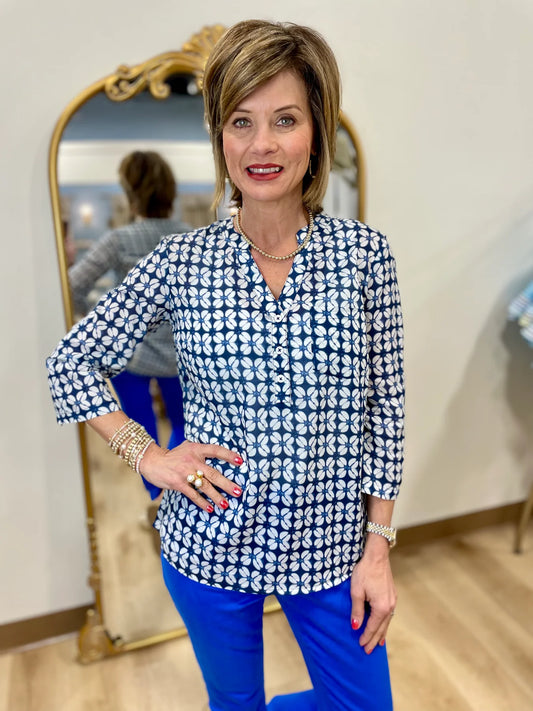 Printed Long Sleeve Blouse with Chest Pocket - Waterflower - BAY WINDOW
