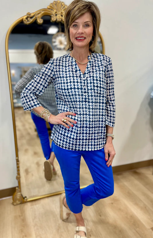 Printed Long Sleeve Blouse with Chest Pocket - Waterflower - BAY WINDOW