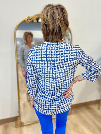 Printed Long Sleeve Blouse with Chest Pocket - Waterflower - BAY WINDOW