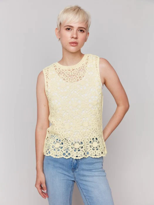 Sleeveless Crew Neck Crochet Top - Lemonade - BAY WINDOW