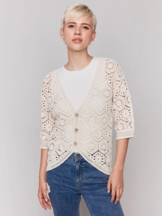Elbow Sleeves V-Neck Cardigan with Rounded Hem at Front - Natural - BAY WINDOW