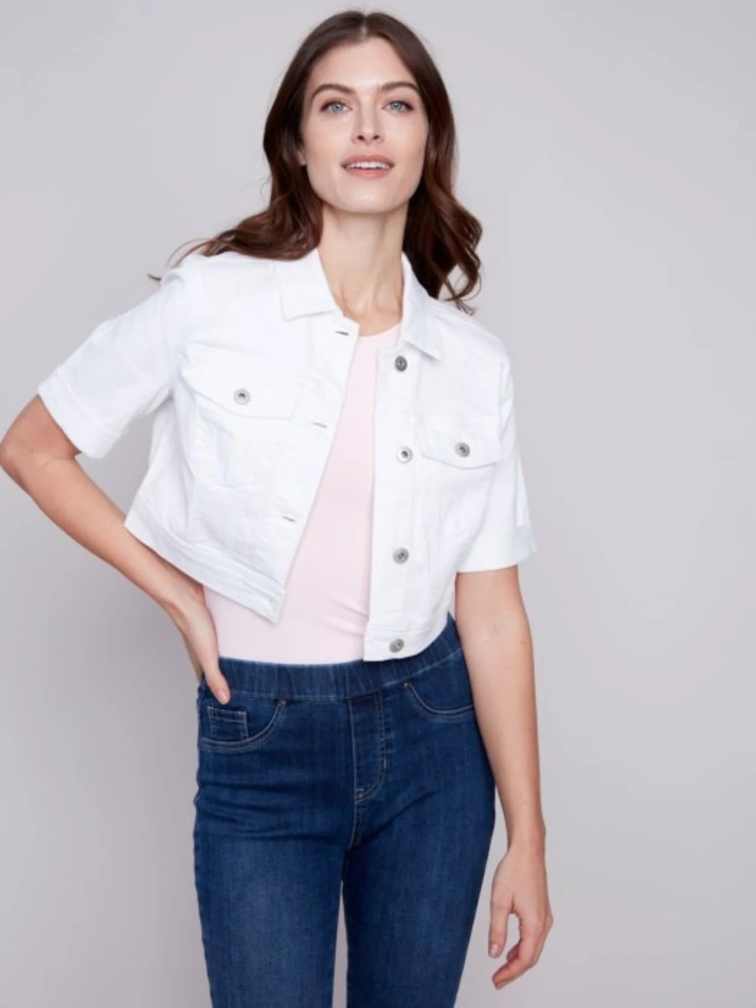 Cropped Jean Jacket with Short Sleeve - White - BAY WINDOW