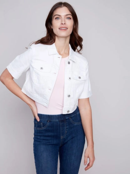 Cropped Jean Jacket with Short Sleeve - White - BAY WINDOW