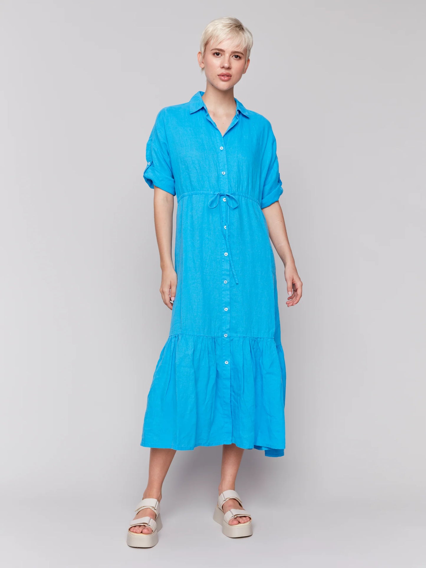 Short Sleeves Buttoned Frt Long Woven Dress, Shirt Collar - Lagoon - BAY WINDOW