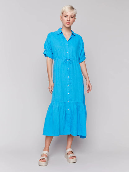 Short Sleeves Buttoned Frt Long Woven Dress, Shirt Collar - Lagoon - BAY WINDOW