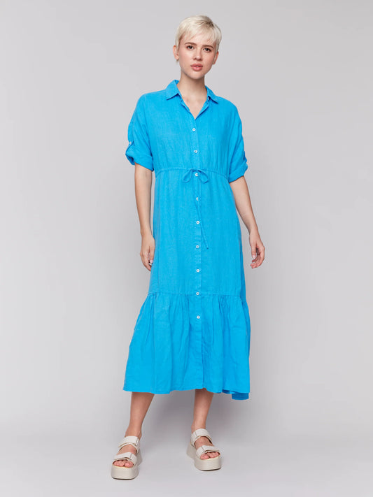 Short Sleeves Buttoned Frt Long Woven Dress, Shirt Collar - Lagoon - BAY WINDOW