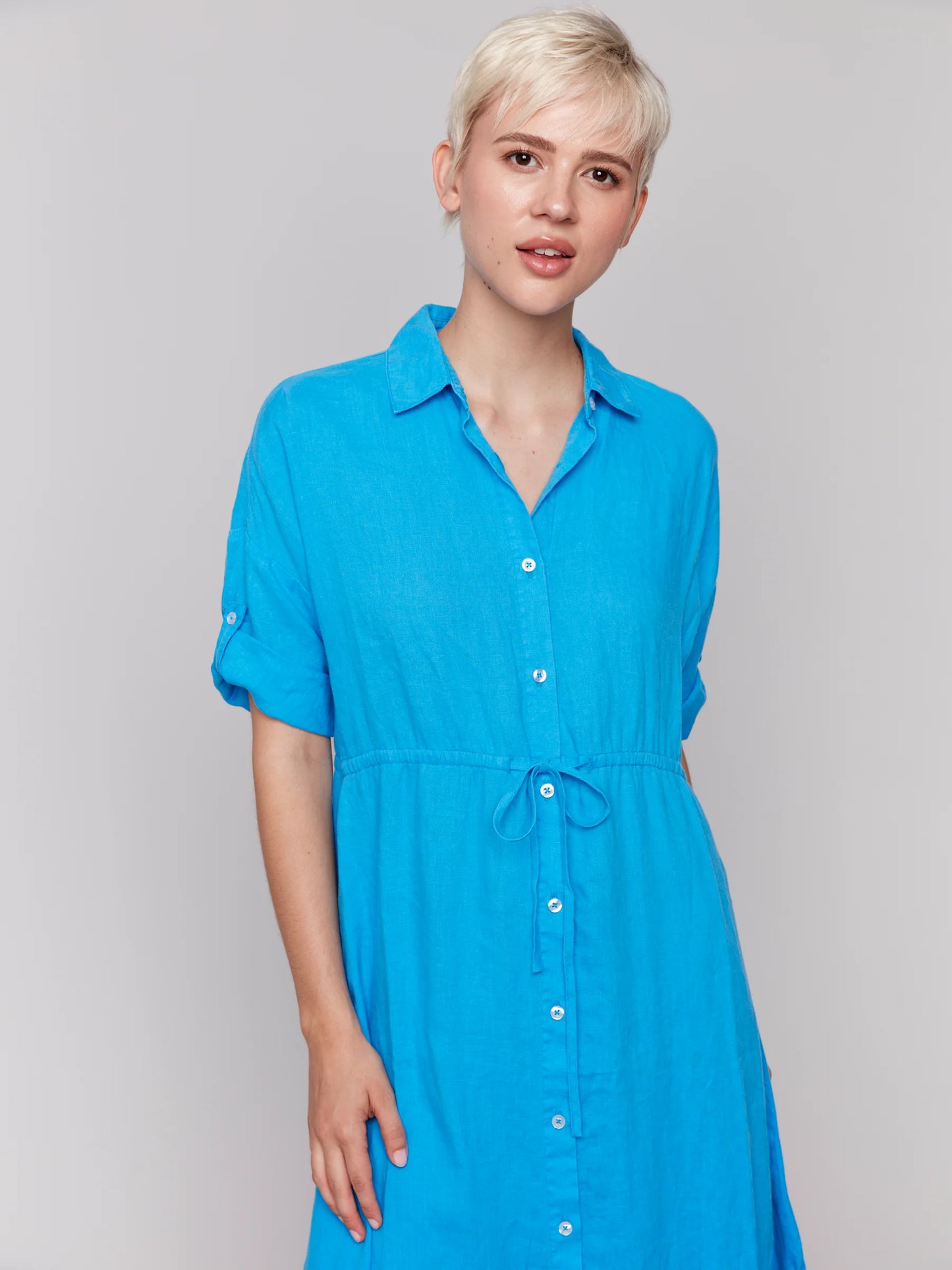 Short Sleeves Buttoned Frt Long Woven Dress, Shirt Collar - Lagoon - BAY WINDOW