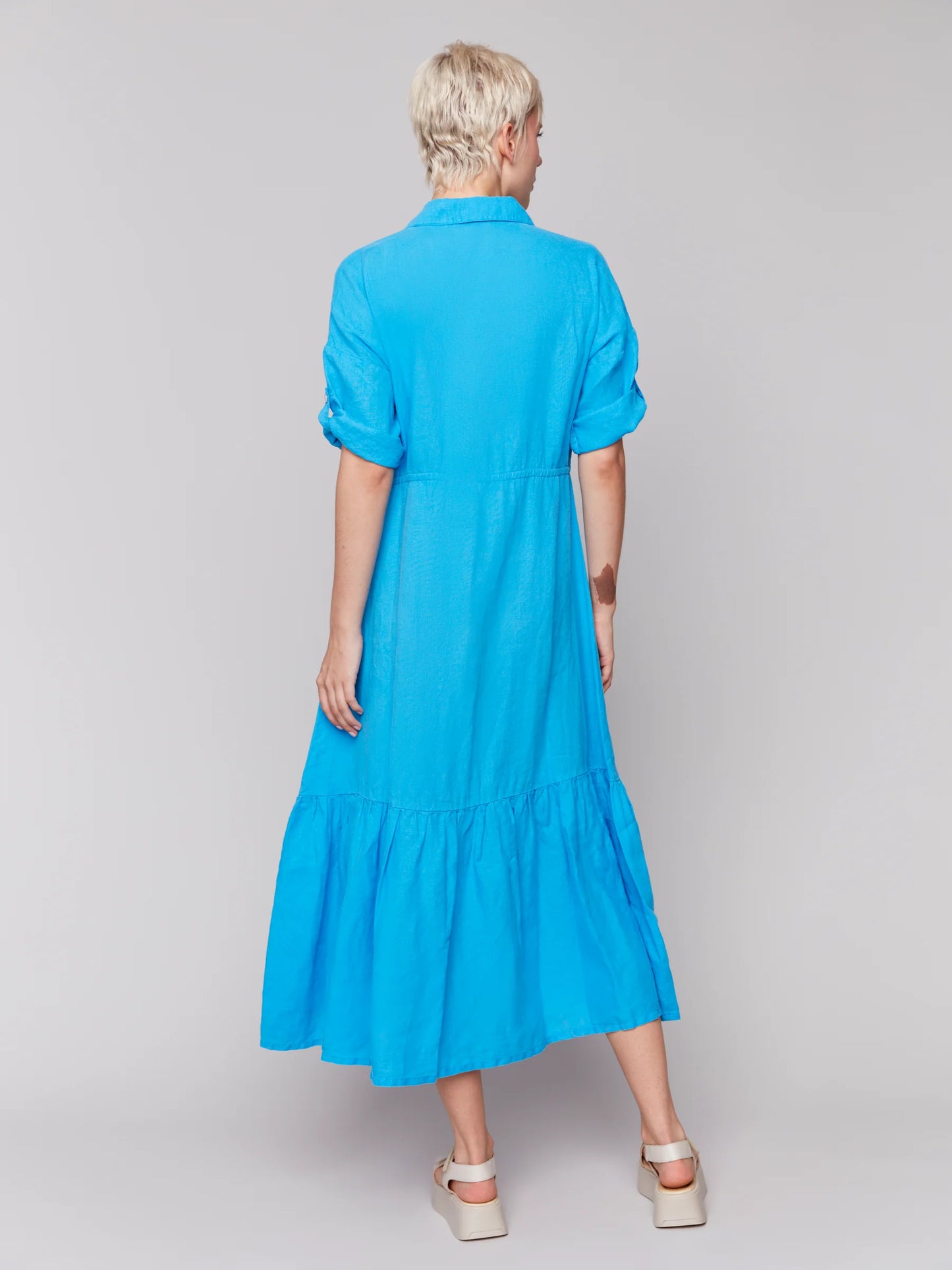 Short Sleeves Buttoned Frt Long Woven Dress, Shirt Collar - Lagoon - BAY WINDOW