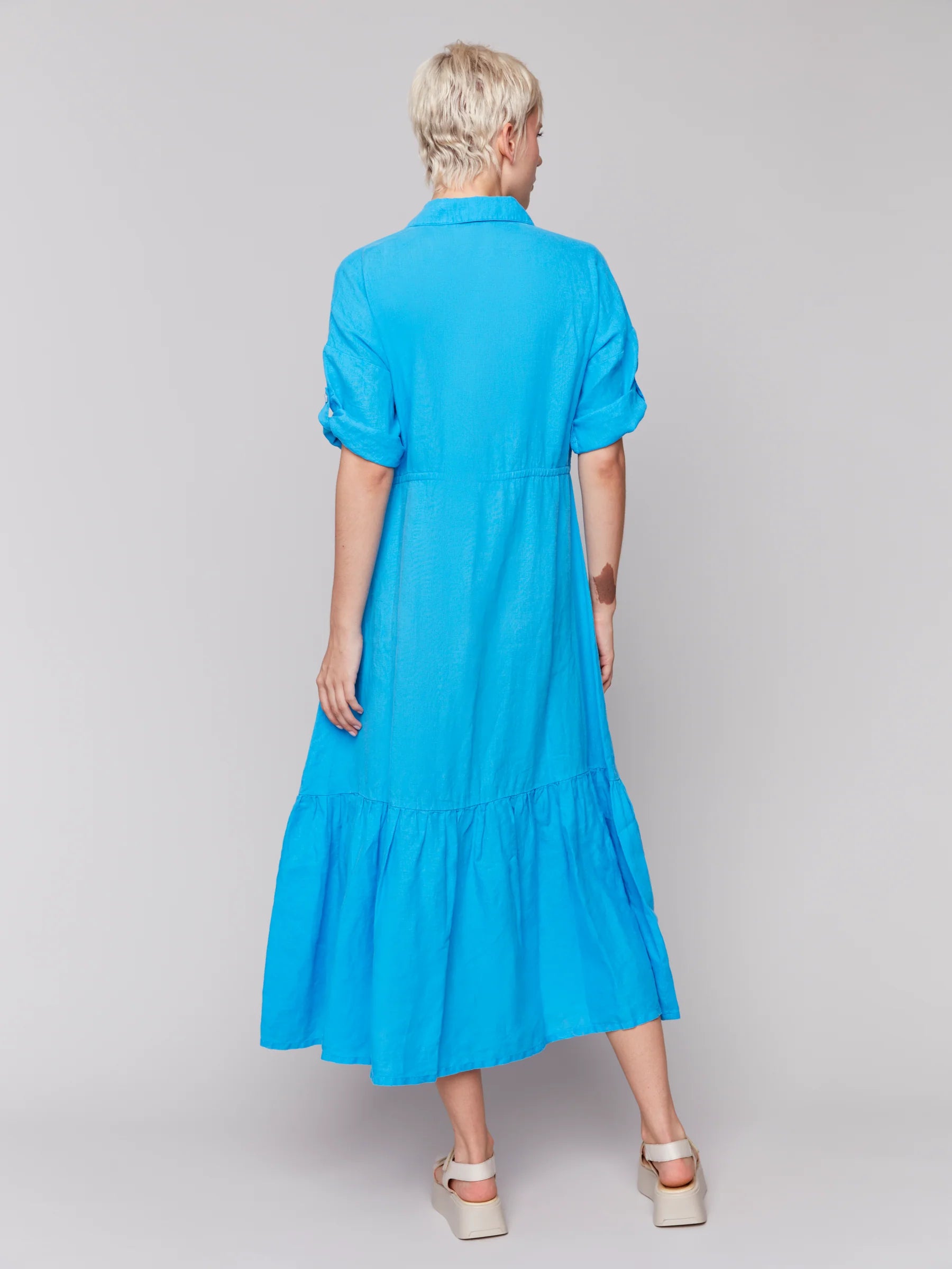 Short Sleeves Buttoned Frt Long Woven Dress, Shirt Collar - Lagoon - BAY WINDOW
