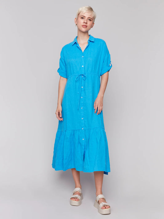 Short Sleeves Buttoned Frt Long Woven Dress, Shirt Collar - Lagoon - BAY WINDOW
