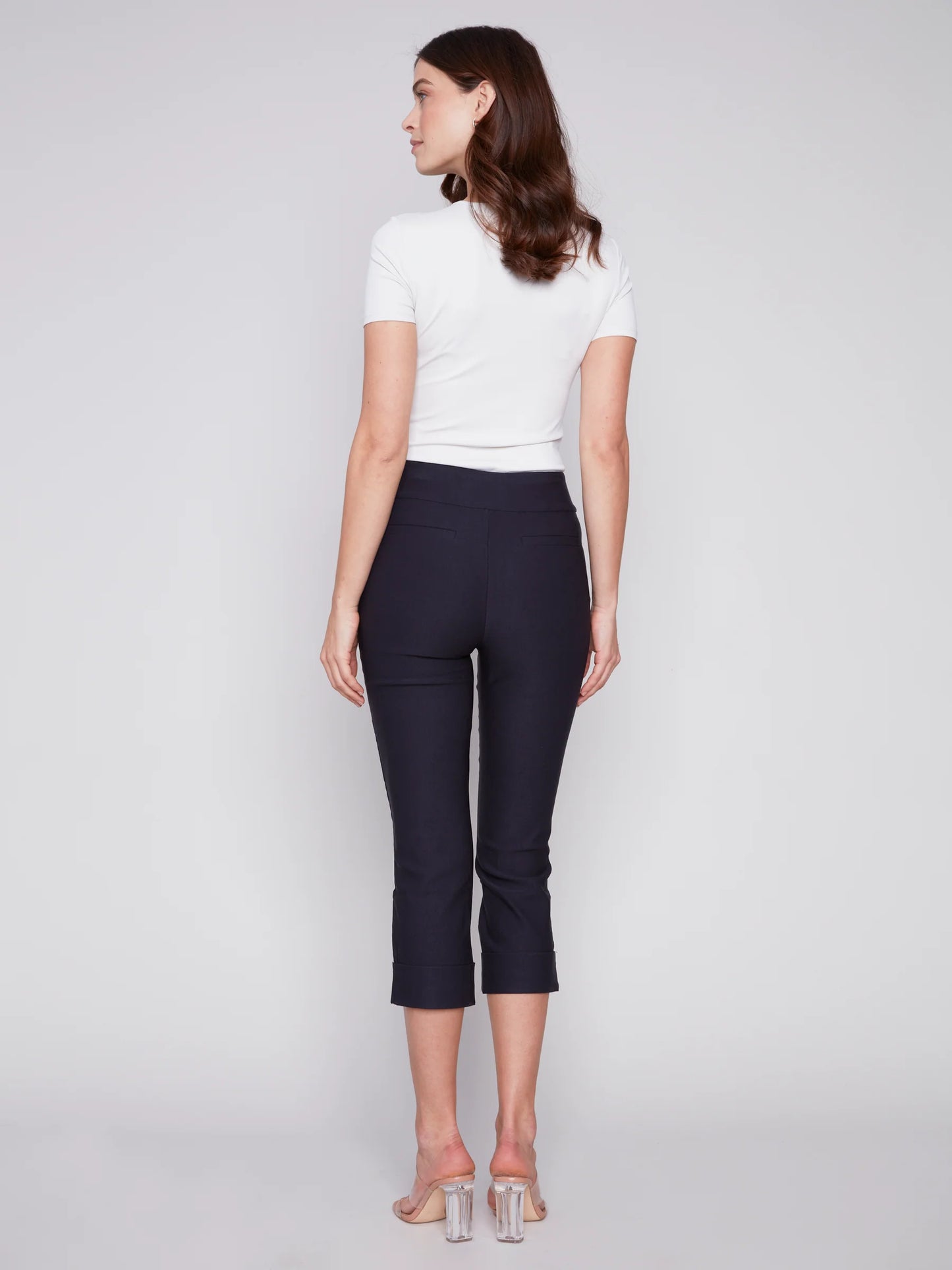 Solid Pull On Stretch Cropped Cuff Pant - Navy - BAY WINDOW