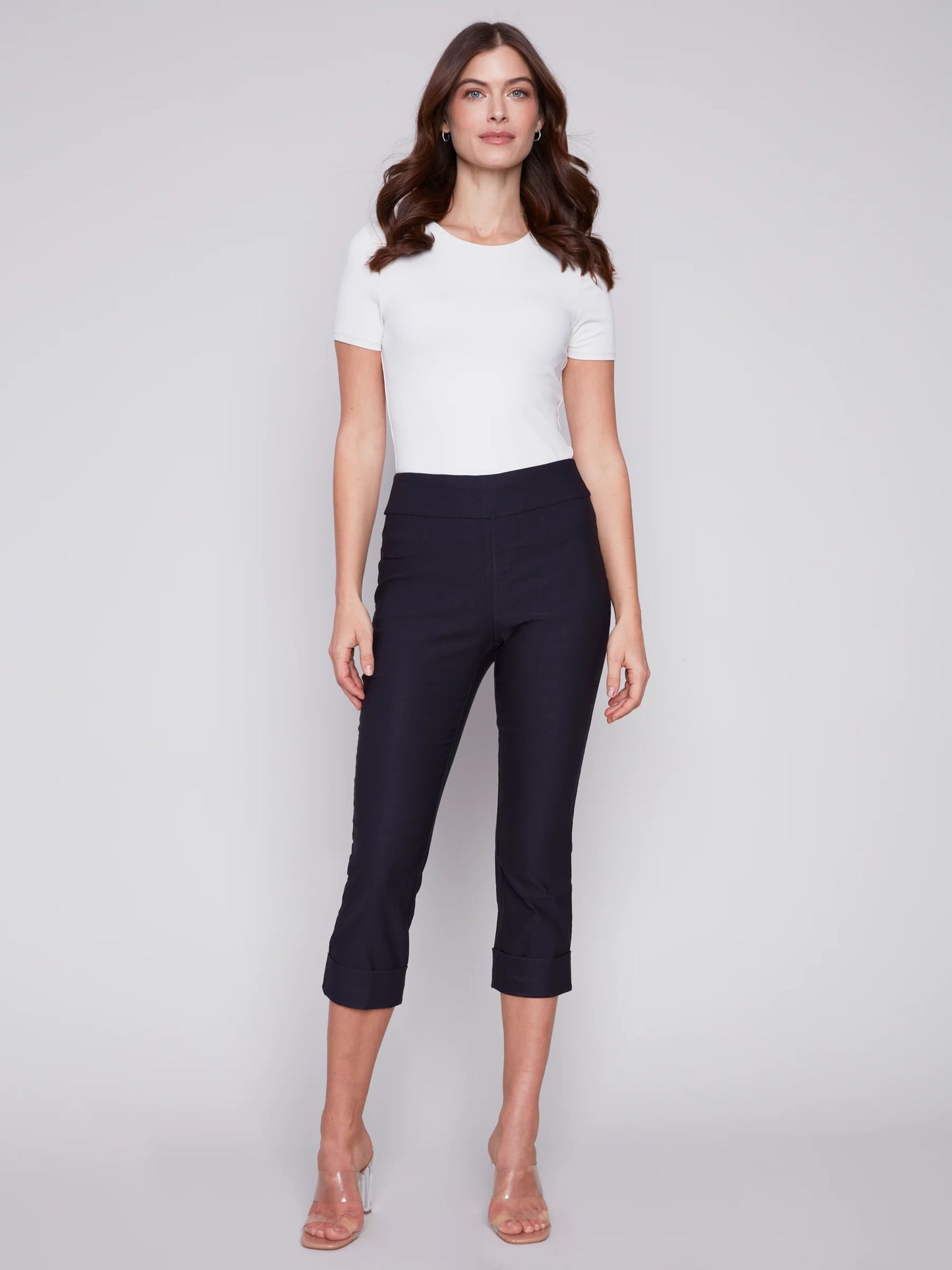 Solid Pull On Stretch Cropped Cuff Pant - Navy - BAY WINDOW