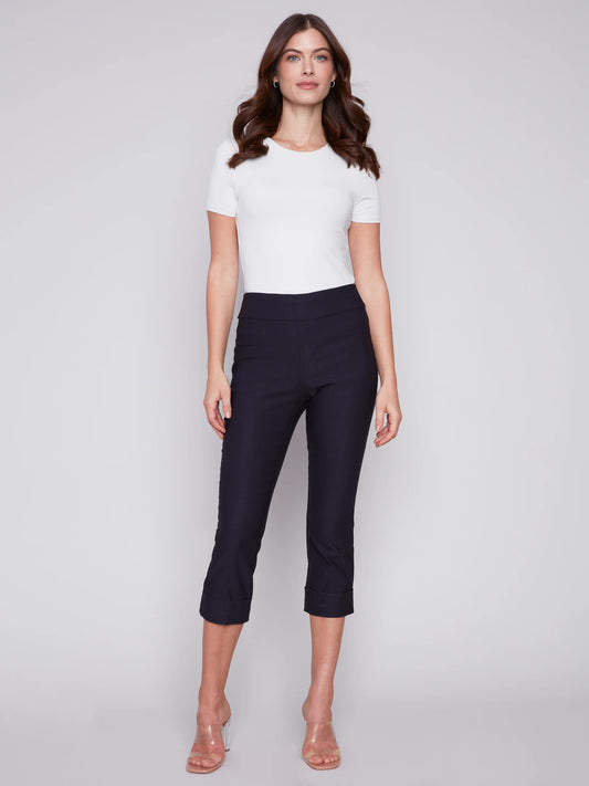 Solid Pull On Stretch Cropped Cuff Pant - Navy - BAY WINDOW