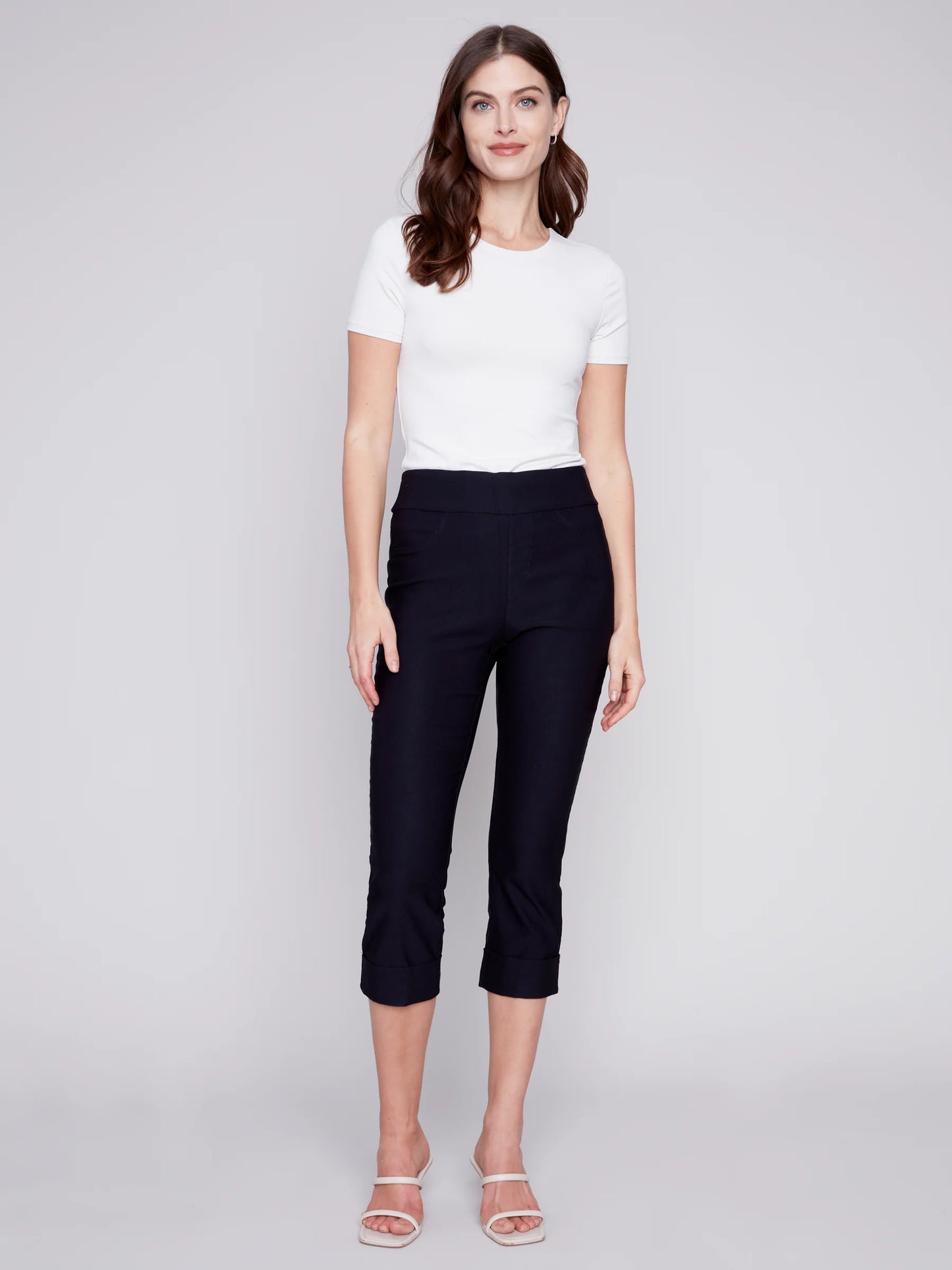 Solid Pull On Stretch Cropped Cuffed Pant - Black - BAY WINDOW
