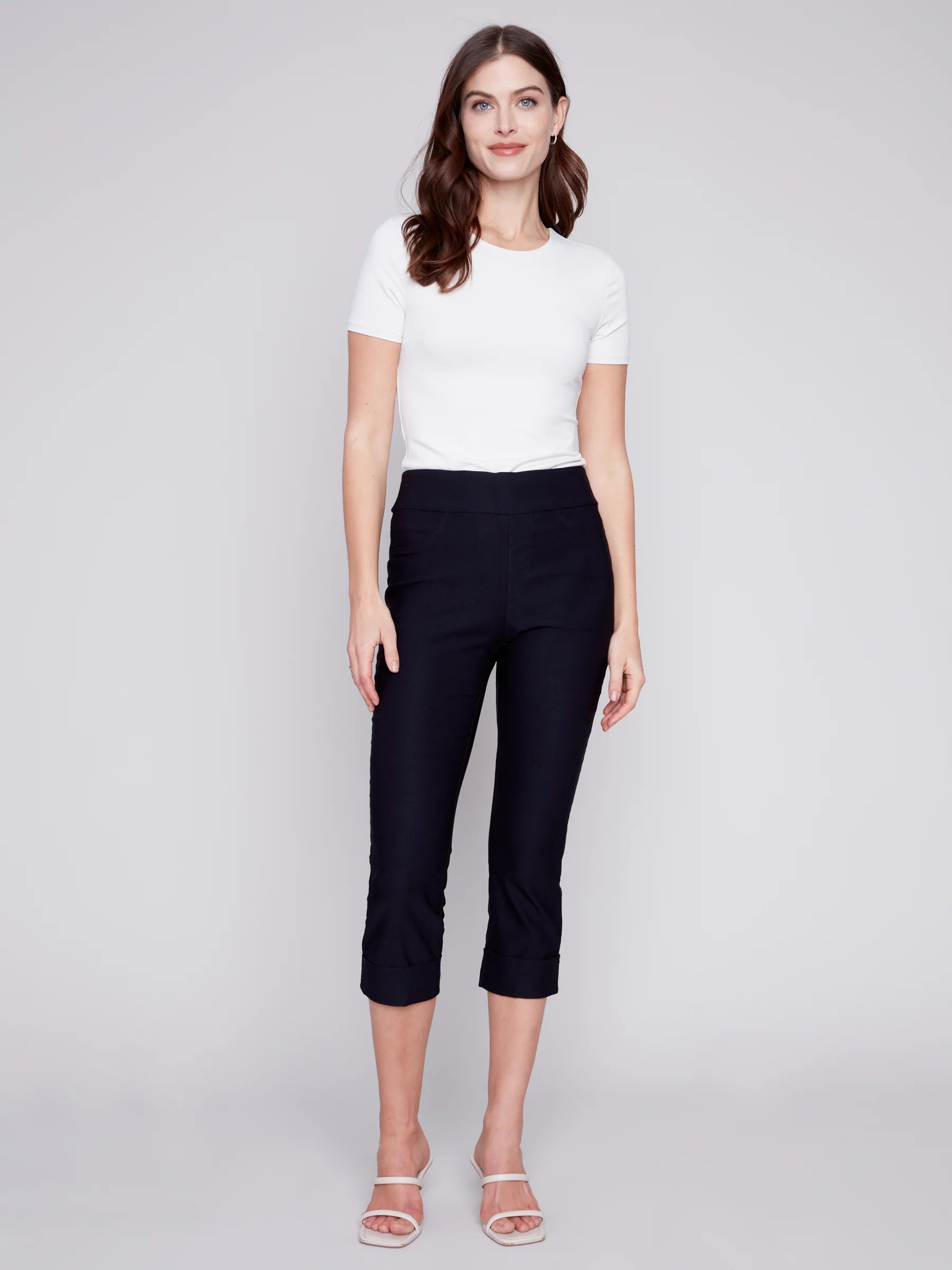 Solid Pull On Stretch Cropped Cuffed Pant - Black - BAY WINDOW
