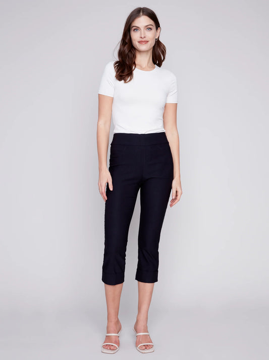 Solid Pull On Stretch Cropped Cuffed Pant - Black - BAY WINDOW