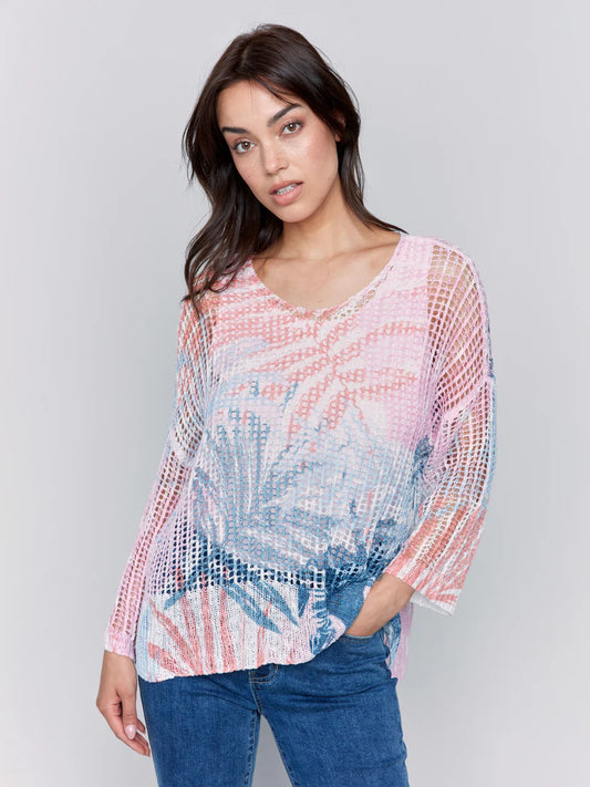 3/4 Sleeve V-Neck Printed Fishnet Sweater with Hi-Low Hem - Tropical - BAY WINDOW