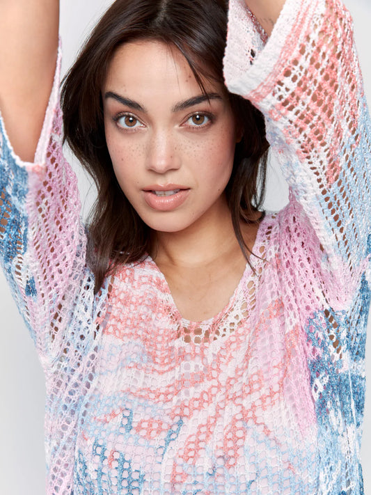 3/4 Sleeve V-Neck Printed Fishnet Sweater with Hi-Low Hem - Tropical - BAY WINDOW