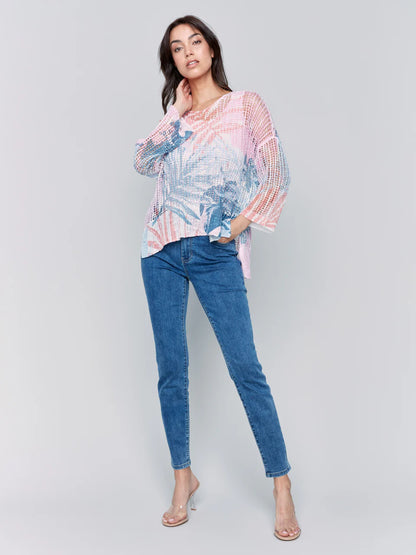 3/4 Sleeve V-Neck Printed Fishnet Sweater with Hi-Low Hem - Tropical - BAY WINDOW