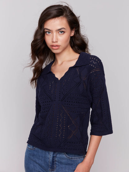 3/4 Sleeves Sweater in Pointelle Design - Navy - BAY WINDOW