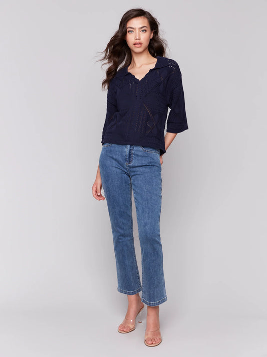 3/4 Sleeves Sweater in Pointelle Design - Navy - BAY WINDOW
