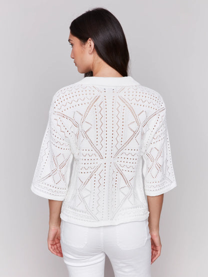 3/4 Sleeves Sweater In Pointelle Design - White - BAY WINDOW