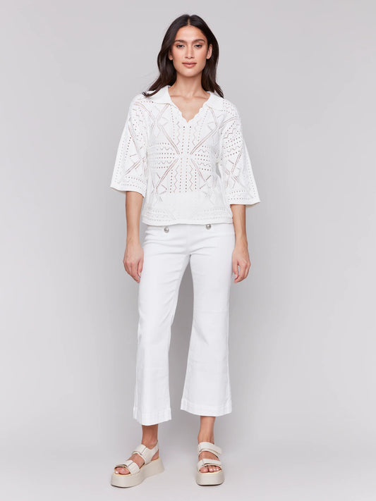 3/4 Sleeves Sweater In Pointelle Design - White - BAY WINDOW