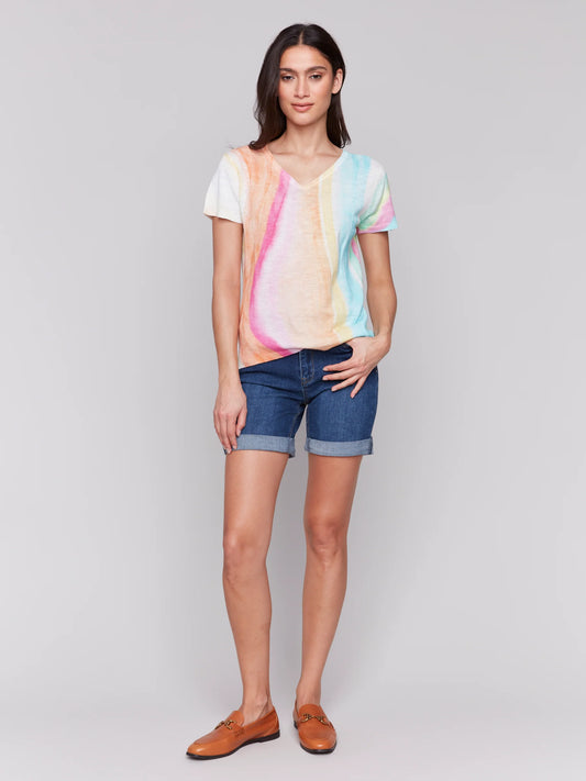 Short Sleeve Crew Neck Printed Sweater - Rainbow - BAY WINDOW