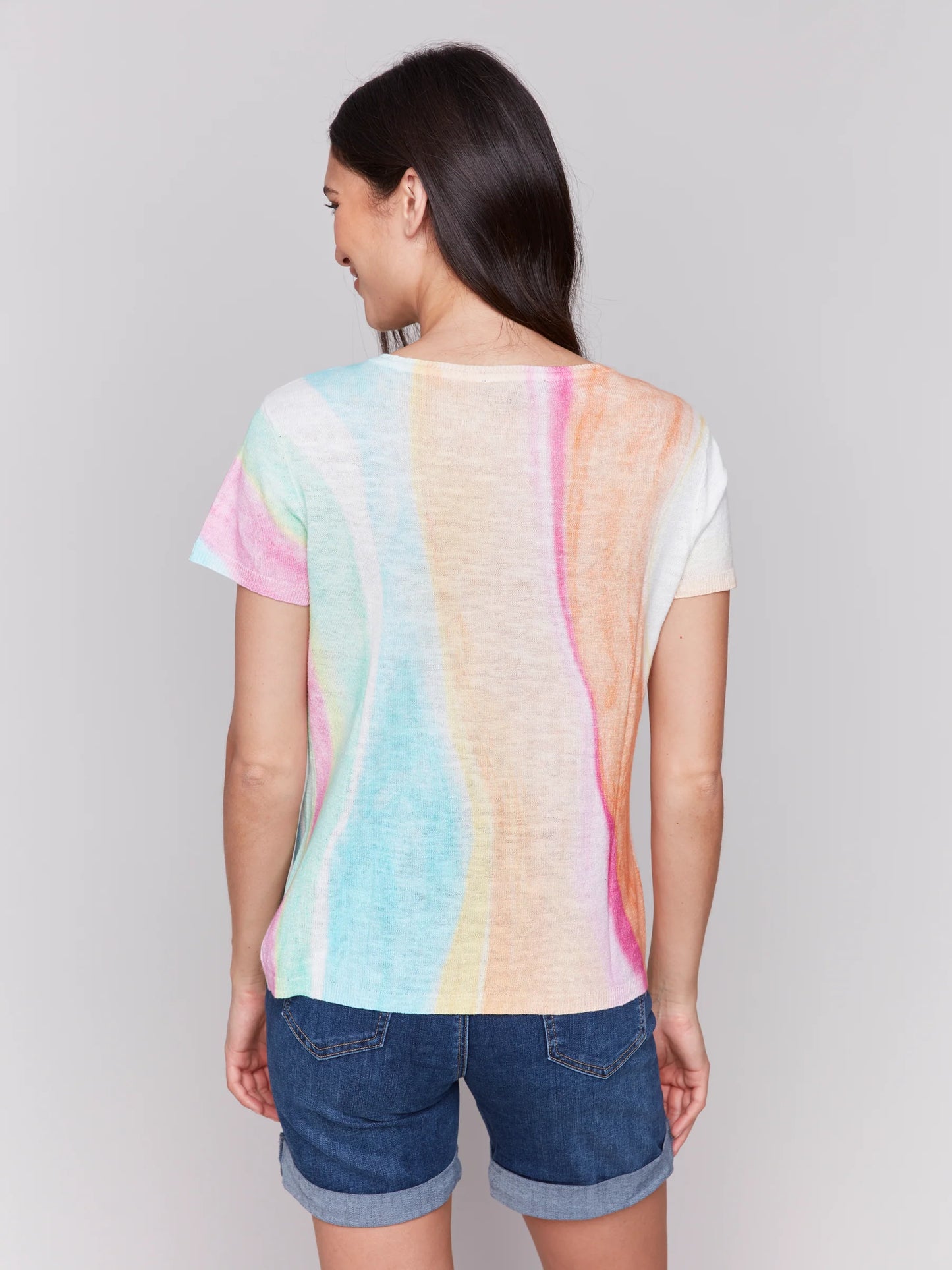 Short Sleeve Crew Neck Printed Sweater - Rainbow - BAY WINDOW