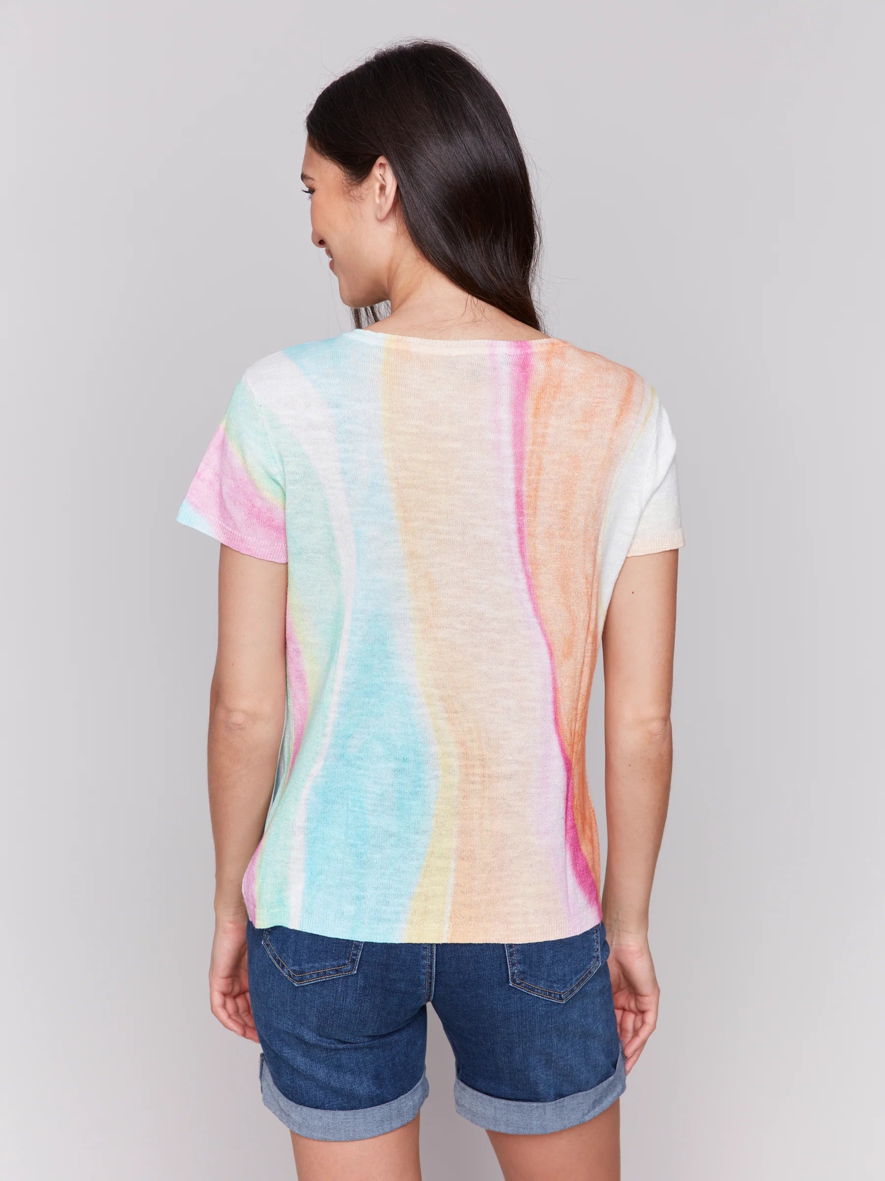 Short Sleeve Crew Neck Printed Sweater - Rainbow - BAY WINDOW