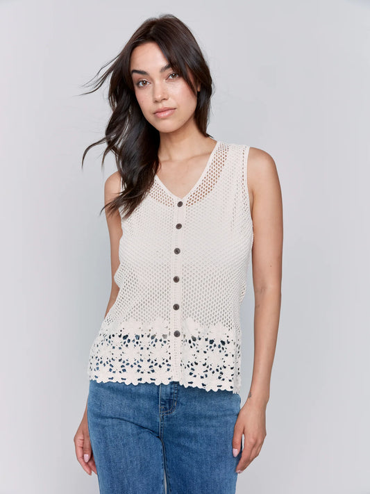 Button Front Crochet Vest - Natural - BAY WINDOW