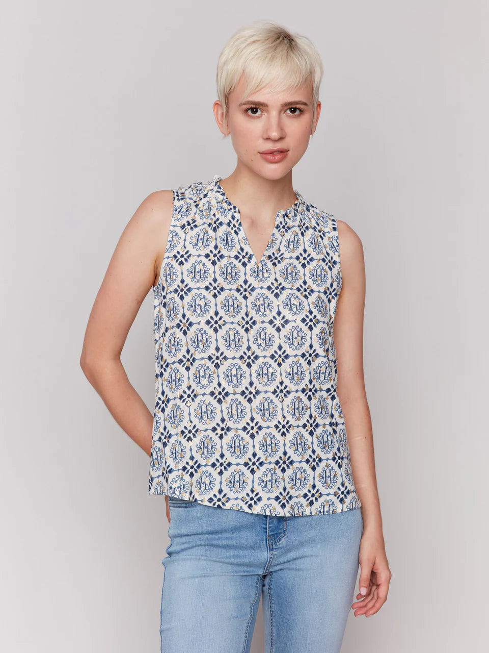 Printed Sleeveless Blouse with Ruffle Collar - Ornament - BAY WINDOW