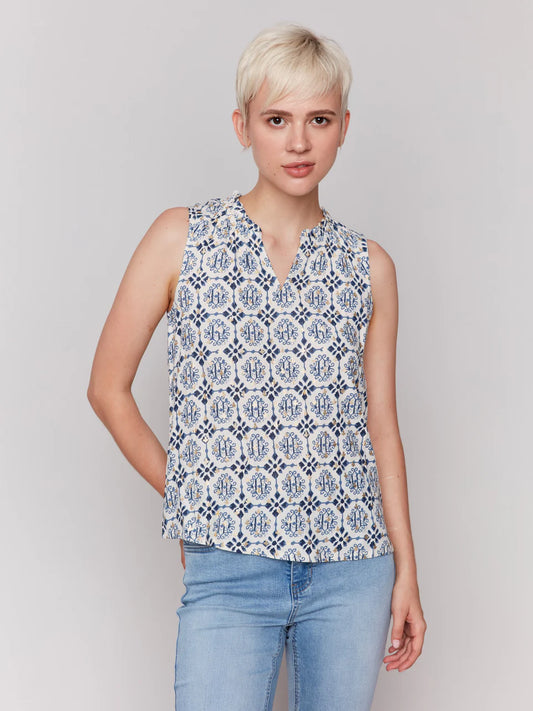 Printed Sleeveless Blouse with Ruffle Collar - Ornament - BAY WINDOW