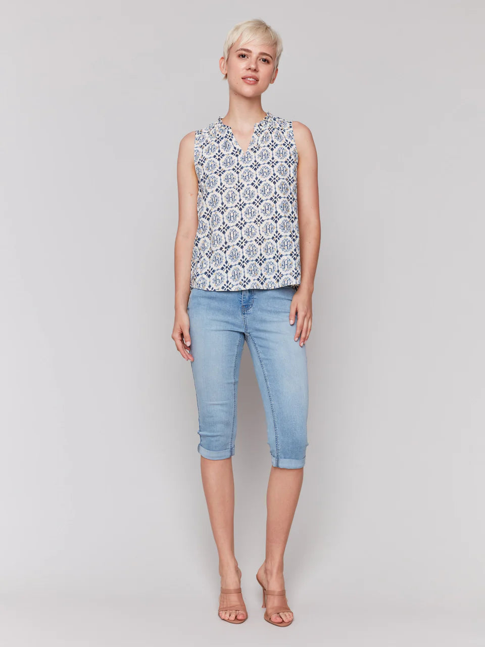 Printed Sleeveless Blouse with Ruffle Collar - Ornament - BAY WINDOW