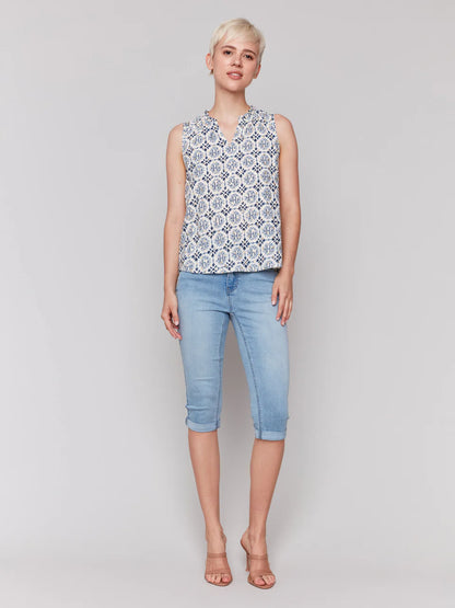 Printed Sleeveless Blouse with Ruffle Collar - Ornament - BAY WINDOW