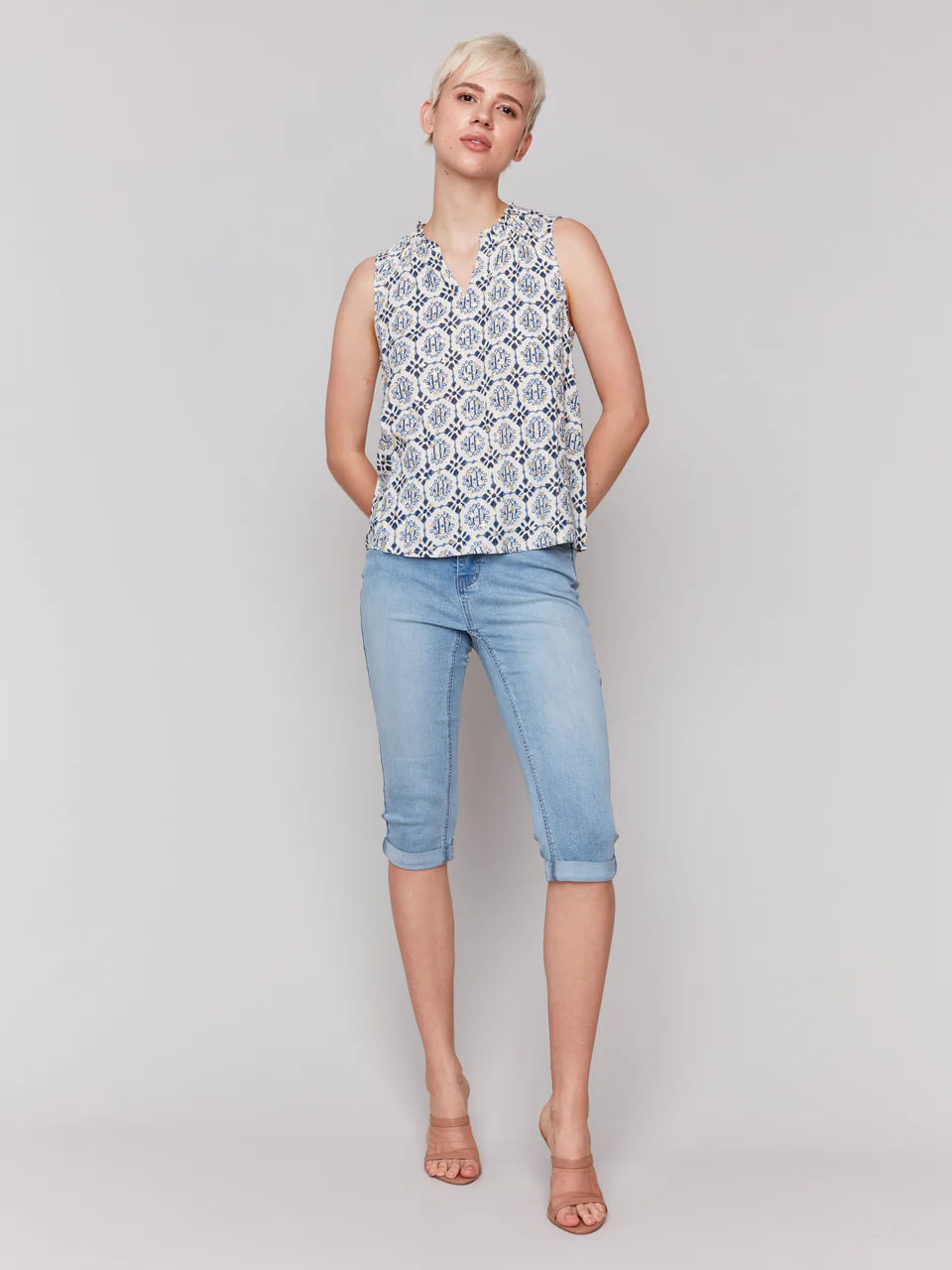 Printed Sleeveless Blouse with Ruffle Collar - Ornament - BAY WINDOW