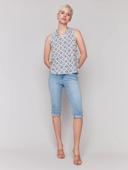 Printed Sleeveless Blouse with Ruffle Collar - Ornament - BAY WINDOW