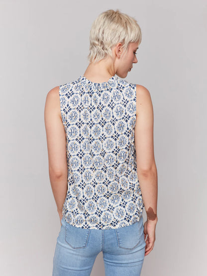 Printed Sleeveless Blouse with Ruffle Collar - Ornament - BAY WINDOW