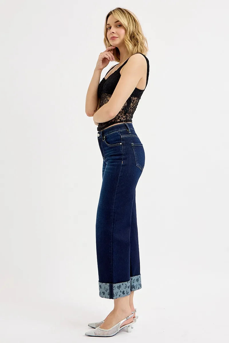 Slouchy Cropped Wide Jeans w/ Printed Cuffed Hem - Dark Wash