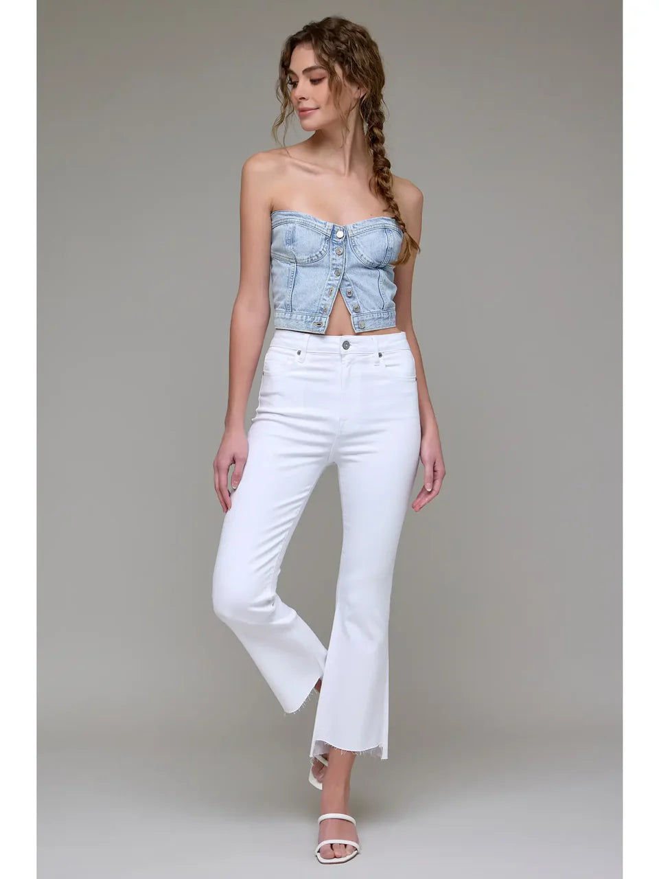White Clean Step Hem Cropped Flare - White