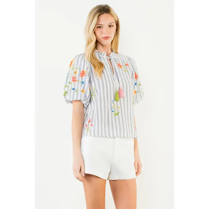 Embroidery Detail Puff Sleeve Striped Top - Blue